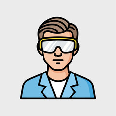 Fototapeta premium A cartoon icon of a male scientist or researcher wearing protective safety goggles and a blue lab coat.