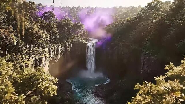 Surreal Waterfall with Purple Glow, A fantasy waterfall surrounded by green forests and mystical purple glow, creating a surreal enchanted environment.