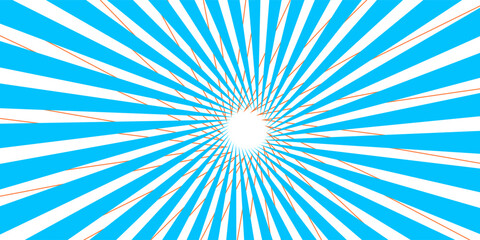  Orange blue curved sunburst wallpaper. Abstract warped sun rays and beams comic texture. Vintage summer backdrop for posters, banners, templates. Vector illustration