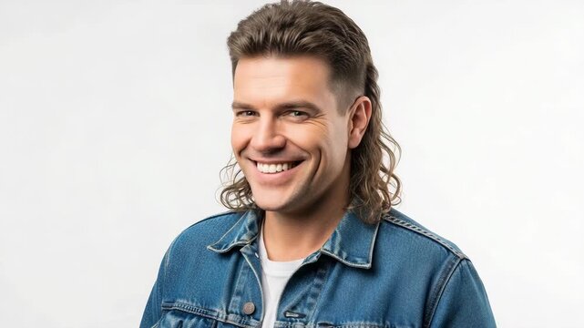 Man showcases mullet hairstyle with denim jacket against plain white background in a casual medium close-up setting