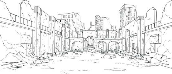 Obraz premium Outline illustration of a ruined cityscape featuring abandoned buildings and debris..
