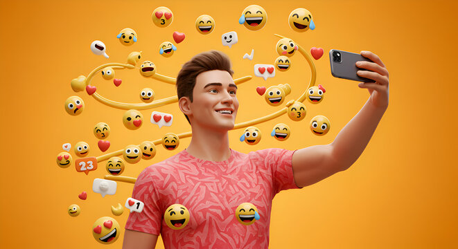 Smiling man takes selfie with phone surrounded by floating emojis on orange background showcasing social media engagement and digital communication.
