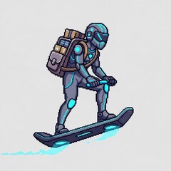 未来的なサイボーグがホバーボードに乗るピクセルアート