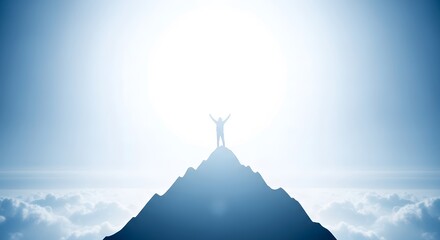 Silhouette of a triumphant person with arms raised in celebration on a mountain peak, bathed in bright sunlight above the clouds, symbolizing success and achievement
