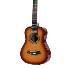 Obraz premium Fourstring acoustic bass guitar with a glossy sunburst wooden body and decorative soundhole rosette.