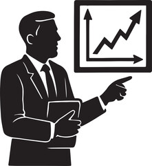 Silhouette of a businessman in a suit pointing at a rising graph on a screen during a presentation