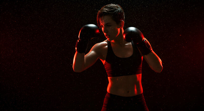Strong female boxer in black sports bra and gloves poses in a fighting stance under dramatic red lighting showcasing power and determination in the dark studio. - Powered by Adobe