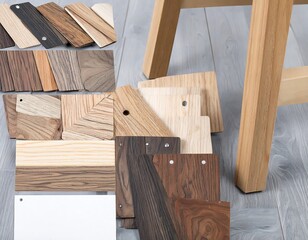 Wood samples displayed on a light gray floor