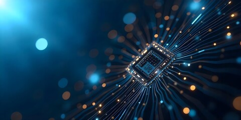 Fototapeta premium A blue cube with glowing lines and dots, futuristic technology, circuit board design, abstract digital art