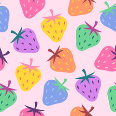 Colourful, colorful strawberry seamless pattern. Cute simple hand drawn illustration