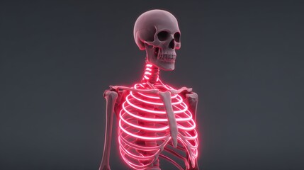 Realistic 3D Model of Human Skeleton Displaying Vital Organs with Neon Light Effects in a Dark Background