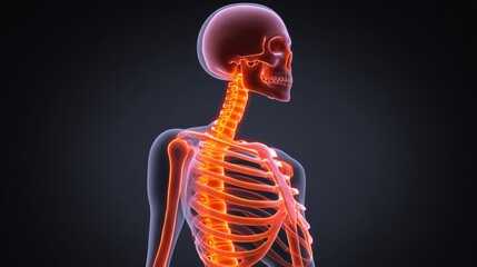 Realistic 3D Human Skeleton Model Illuminated with Orange Light Against Dark Background
