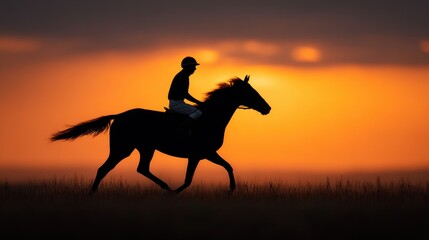 Silhouette of a Jockey Riding a Horse Against a Stunning Sunset Horizon Over an Open Field