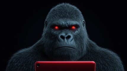 Intense Gorilla Staring at Tablet with Red Eyes in Dark Background, Dramatic Digital Art Representation
