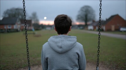 Boy on a Swing Gazing at Dusk Over Neighborhood Park Landscape, Emotional and Reflective Situation in Nature