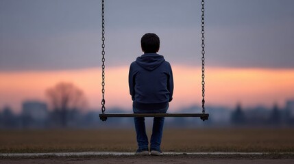 Child on Swing at Dusk Contemplating Life with Beautiful Sunset in a Calm and Serene Landscape Setting