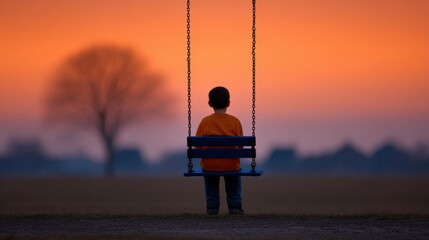 A Child on a Swing at Sunset with a Silhouette Tree in the Background of an Open Field