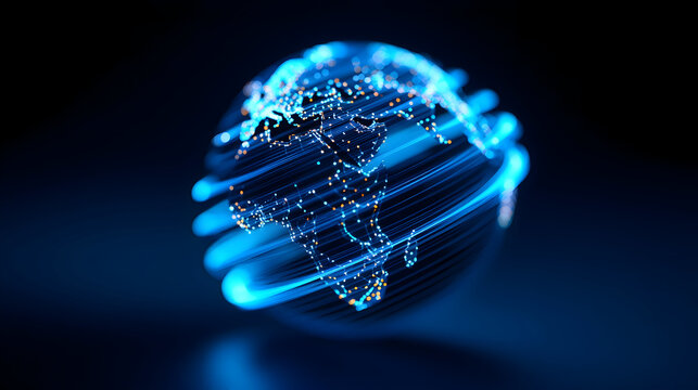 Glowing digital world globe with blue light streaks and connected dots on a dark background - Powered by Adobe