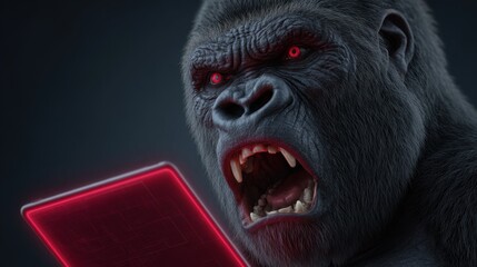 Fierce Gorilla with Glowing Red Eyes Holding a Futuristic Device in a Dark Environment