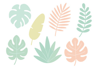 Fototapeta premium Vibrant collection of stylized pastel tropical leaves and exotic foliage elements for summer design and decoration
