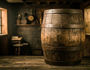 Wooden barrel on a rustic table in a dimly lit room