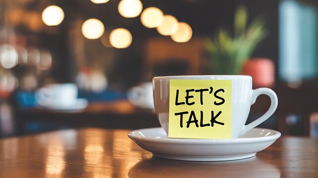 A white coffee cup with a yellow sticky note that says let s talk placed on a saucer on a wooden table in a cafe with bokeh lights