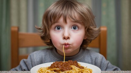 Child Enjoying Spaghetti with Meat Sauce, Captivated by Delicious Food, Excited Expression, Close-up Portrait, Dining Moment