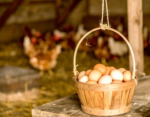 Wooden basket of brown eggs in a rustic hen house