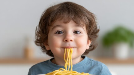 Happy child enjoying spaghetti with playful expression, colorful plate of pasta in hands, fun and joyful cooking moment captured