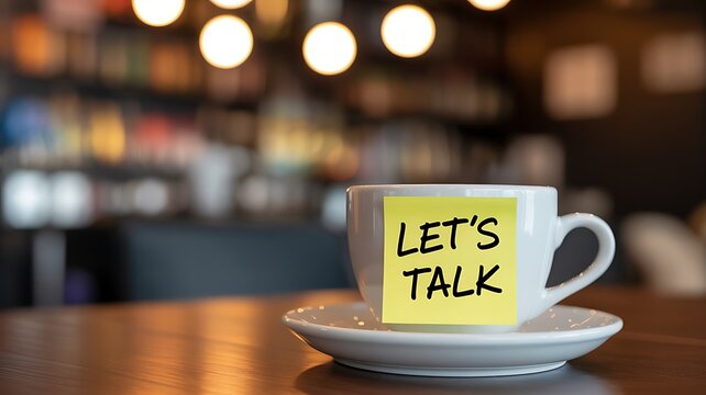 A white ceramic coffee cup with a bright yellow sticky note that says let s talk placed on a saucer on a wooden counter in a cafe