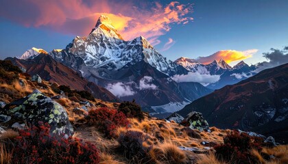 Sunrise on Snowy Mountain Peak from Meadow-Tourism, travel, scenery, wallpaper