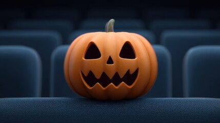 Spooky Halloween Pumpkin with a Grinning Face Resting on a Blue Theater Seat in a Darkened Environment
