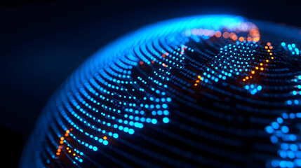 Abstract representation of earth with digital blue and orange lights on a dark background