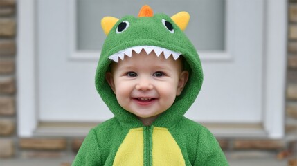 Joyful Toddler in Green Dinosaur Hoodie Smiling Happily Outdoors