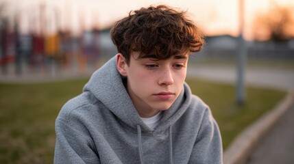 Thoughtful Teenager in Gray Hoodie Sitting Outdoors During Sunset in Urban Playground Setting