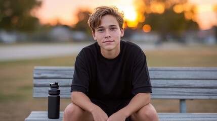 Young Athlete Sitting on Bench at Sunset with Water Bottle in Background in a Park Setting