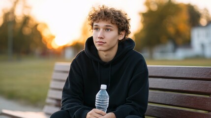 Young Man in Black Hoodie Sitting on Bench with Water Bottle in Sunset Park Scene