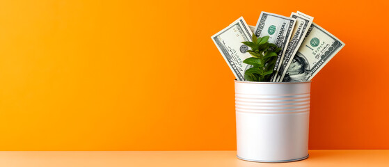 A white pot holds cash and a small plant against an orange background, symbolizing growth and financial prosperity.