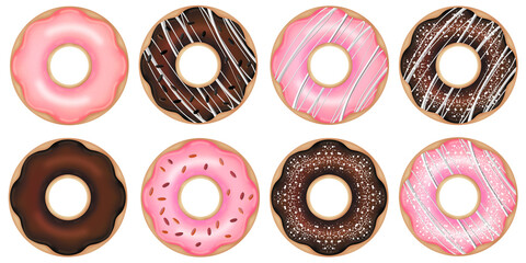 Delicious pink strawberry donuts and chocolate glazed donuts with sugar sprinkles, sweet dessert pastry collection