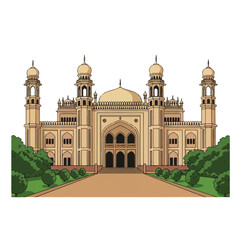 Fototapeta premium Flat 2D vector illustration depicting the iconic Salar Jung Museum in Hyderabad, India, showcasing its intricate architecture against a clean white background.