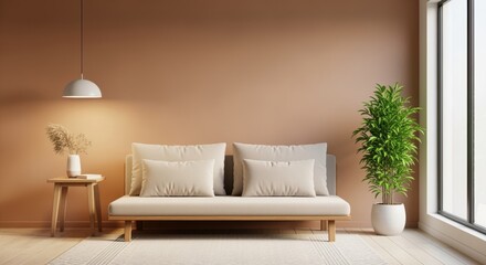 Minimalist living room with beige sofa, side table, and plant. Warm palette, natural light creates serene atmosphere.