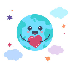 Planet earth cartoon character holding a heart. Simple cute kawai illustration, drawing