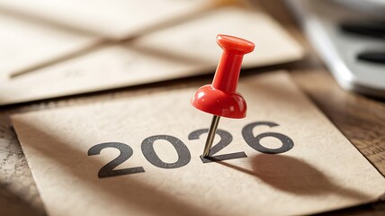 Red thumbtack marking the year 2026 on a piece of paper symbolizing future planning and goals