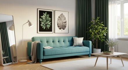 Cozy living room with plush turquoise sofa, botanical wall art, and wooden coffee table with plant. Neutral tones create a calming ambiance.