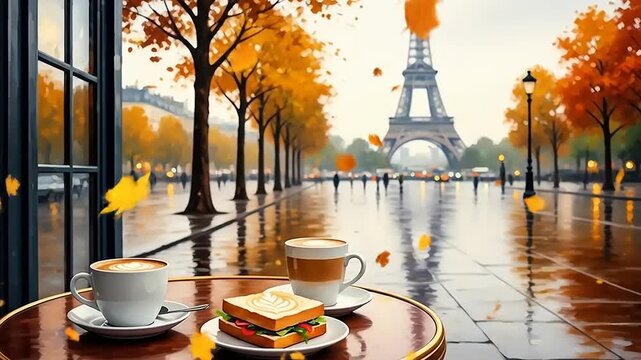Paris Cafe Autumn with Eiffel Tower View.
