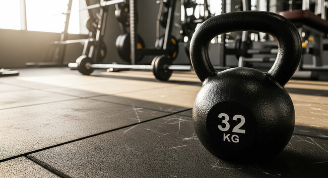Strength training equipment close-up featuring heavy kettlebell on fitness gym floor with motivational workout background.