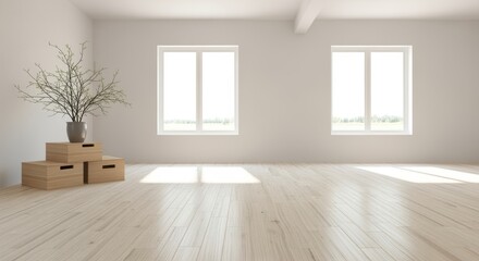 Fototapeta premium Minimalist living room with wood floors, large windows, and a decorative branch in a vase atop wooden crates, creating a serene and tranquil ambiance.