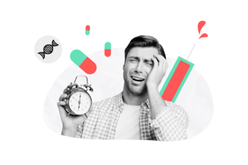 Creative picture collage clock alarm bell illness headache time antibiotics dna sickness treatment prescription pill drawing background