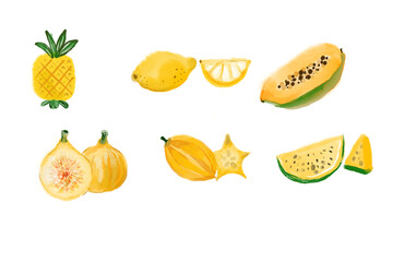 Watercolor illustration of various yellow fruits on a white background.