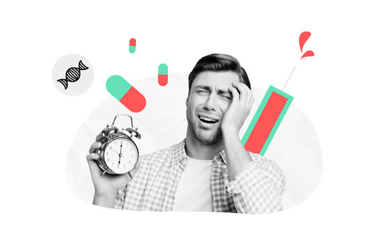 Creative picture collage clock alarm bell illness headache time antibiotics dna sickness treatment prescription pill drawing background